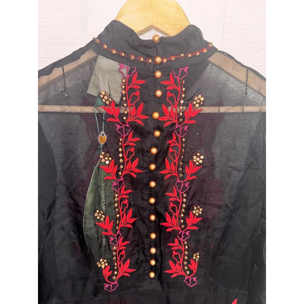 Farm Rio Organza Midi Dress Womens Black Embroidered Beaded Long Sleeve M - Picture 3 of 9